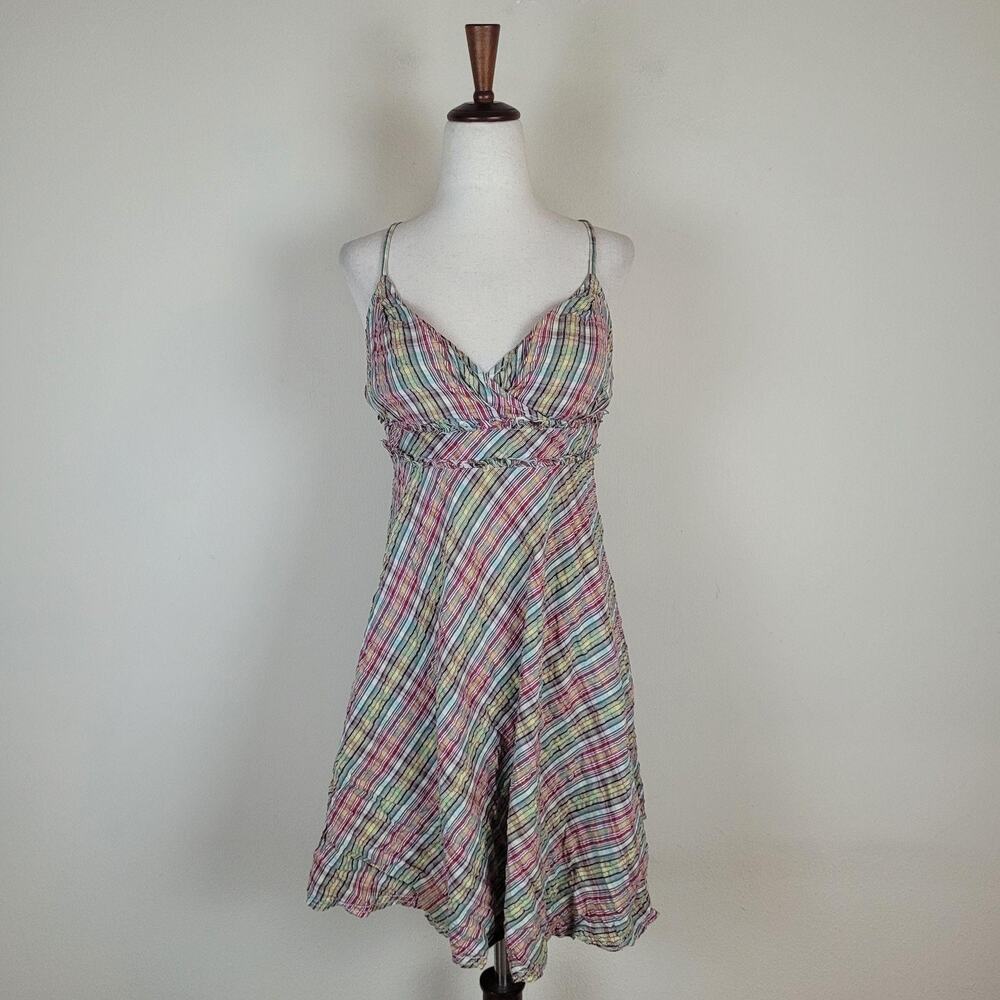Free People Dress 6 Multicolor Plaid Cotton Empire Waist Strappy Sundress Boho